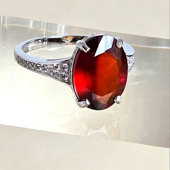 925 Sterling Silver Ring with Natural  Hessonite Garnet Gem & CZ - Picture 5 of 16